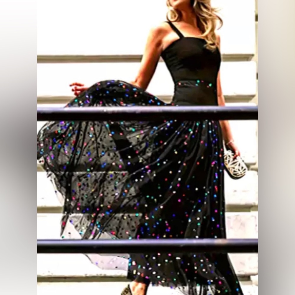 Elegant Black Dress with Colorful Sequins & Tulle Underneath SZ-14